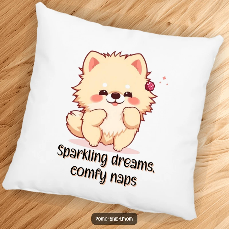 Funny kawaii Pomeranian pillow, a soft cushion featuring a cute dog playfully tossing a sparkly accessory. Comfortable and whimsical.