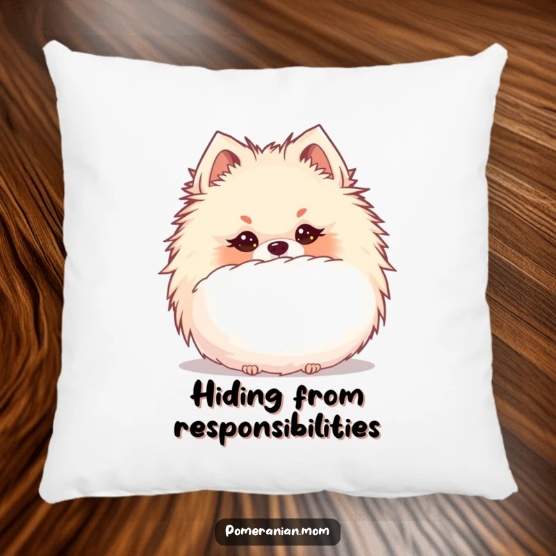Funny Kawaii Pomeranian pillow, soft and plush, hiding behind a giant puffball with a mischievous glint.