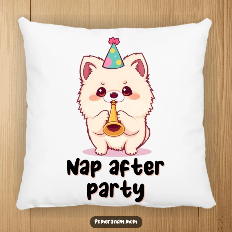 Funny Kawaii Pomeranian Pillow: An adorable dog in a party hat blows a tiny trumpet, offering festive comfort and humor.