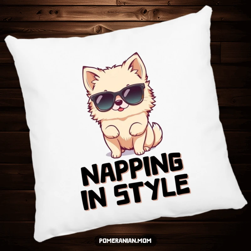 Funny tiny Pomeranian character hilariously attempting to wear oversized sunglasses on this soft pillow, radiating cool and comical charm.