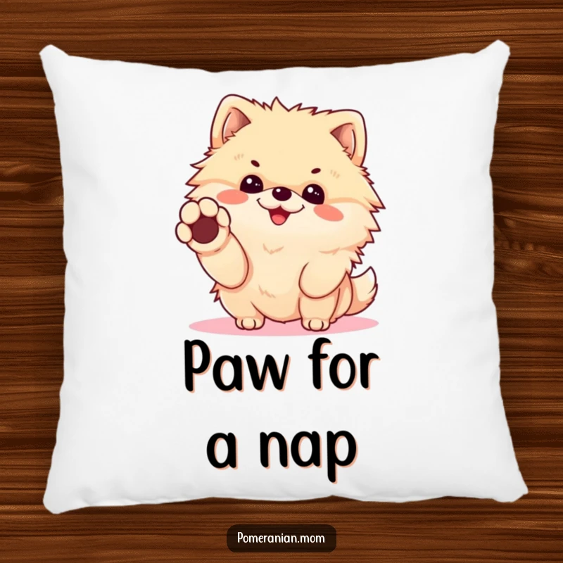 Funny Kawaii Pomeranian Pillow: Cheerful dog offering a paw for a handshake, perfect for conveying humor and friendliness.
