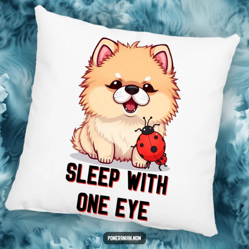 Funny pillow with a kawaii Pomeranian heroically barking at a tiny ladybug, offering comfort and a humorous dog-themed touch.