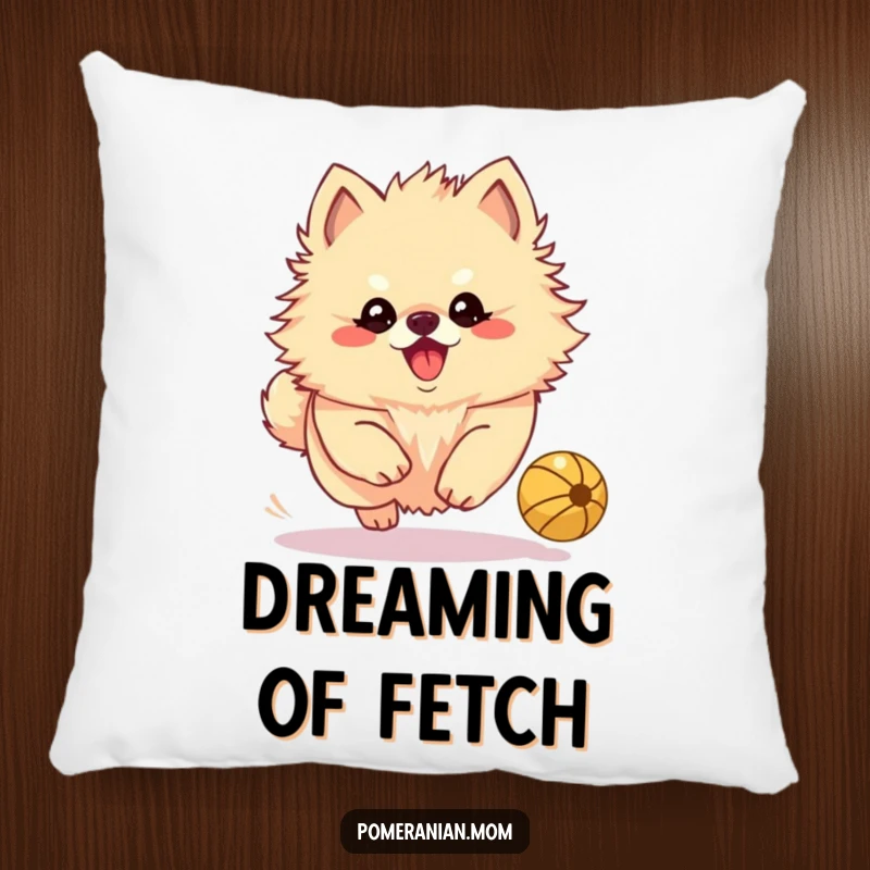 Funny Kawaii Pomeranian pillow, soft and huggable, depicted chasing a bouncing ball with a playful expression.