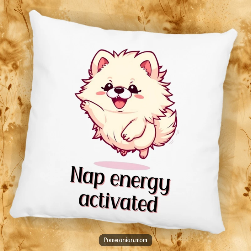 Funny Kawaii Pomeranian pillow displaying a small dog captured mid-leap with fluffy energy, offering cozy comfort and charm.