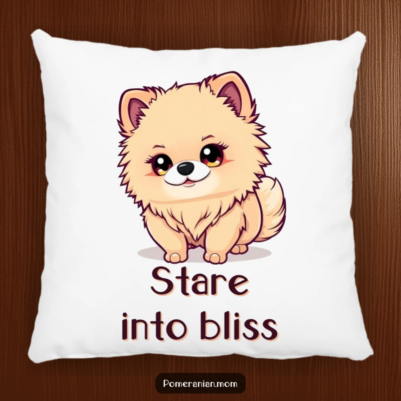 Funny Kawaii Pomeranian Pillow: A cute dog with bright eyes intently watches its wagging tail, offering comfort and humor.