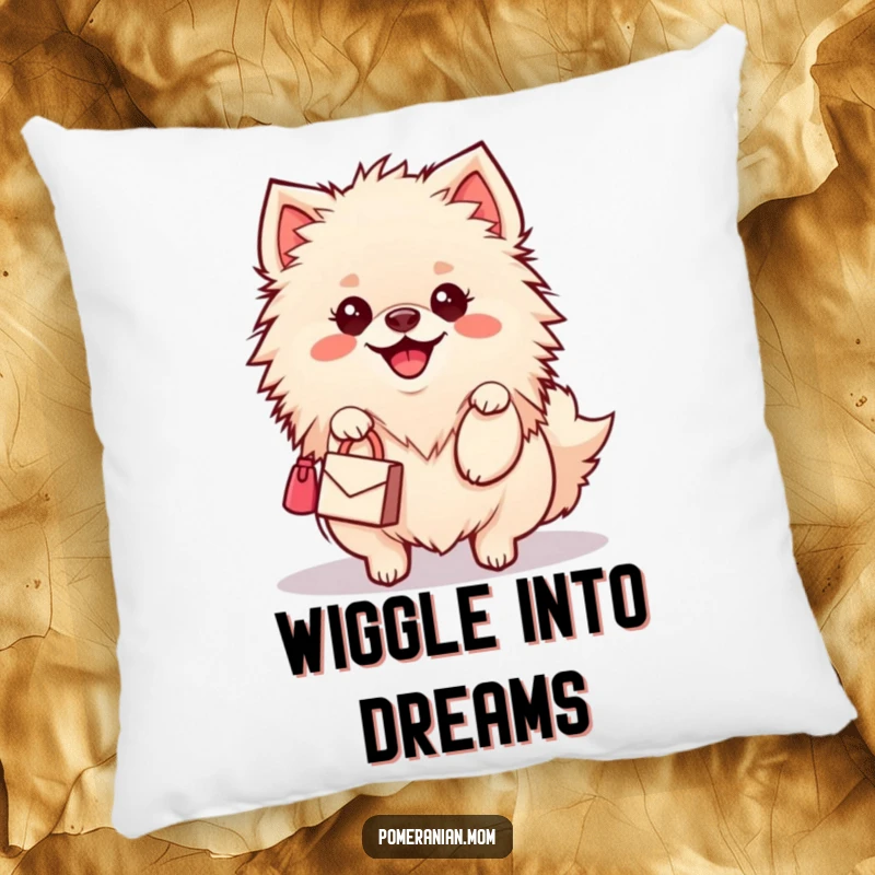 Funny Kawaii Pomeranian Pillow: An adorable dog with a happy wiggle carries a miniature handbag, offering cozy style and humor.