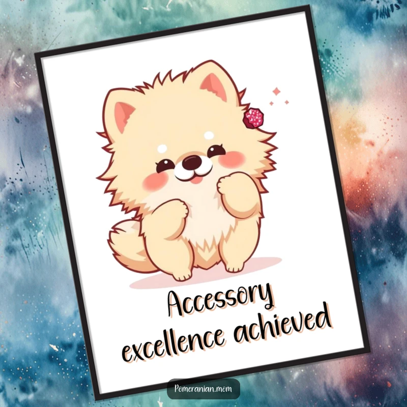 Funny kawaii Pomeranian digital art print, a cute dog playfully tossing a sparkly accessory. Instant whimsical decor.
