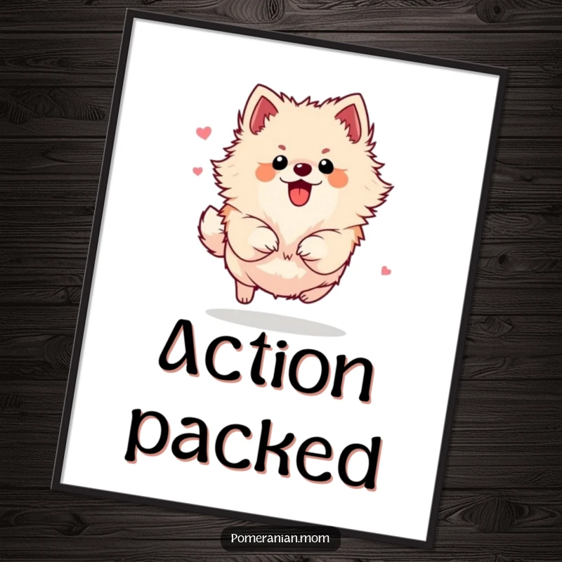 Funny Pomeranian digital art print of a small dog energetically bounding with impressive flair and captivating movement, full of life.