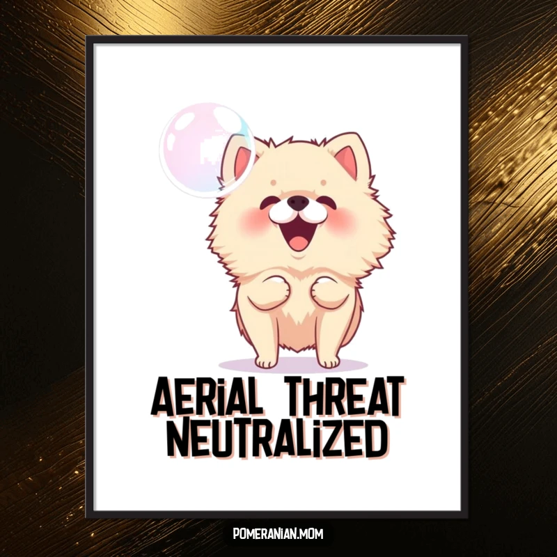 Funny Pomeranian digital art print of an energetic dog barking at a floating bubble, perfect for instant playful decoration.