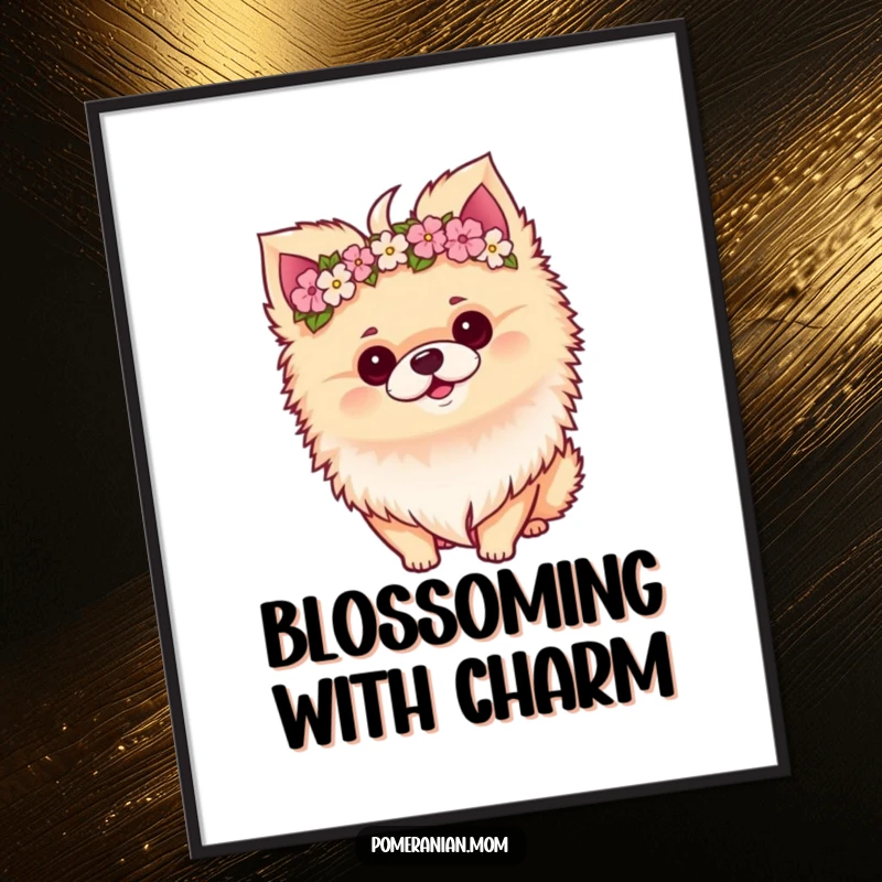 Funny Kawaii Pomeranian wearing a delicate flower crown with a perky tilt, ready to be printed as floral art.