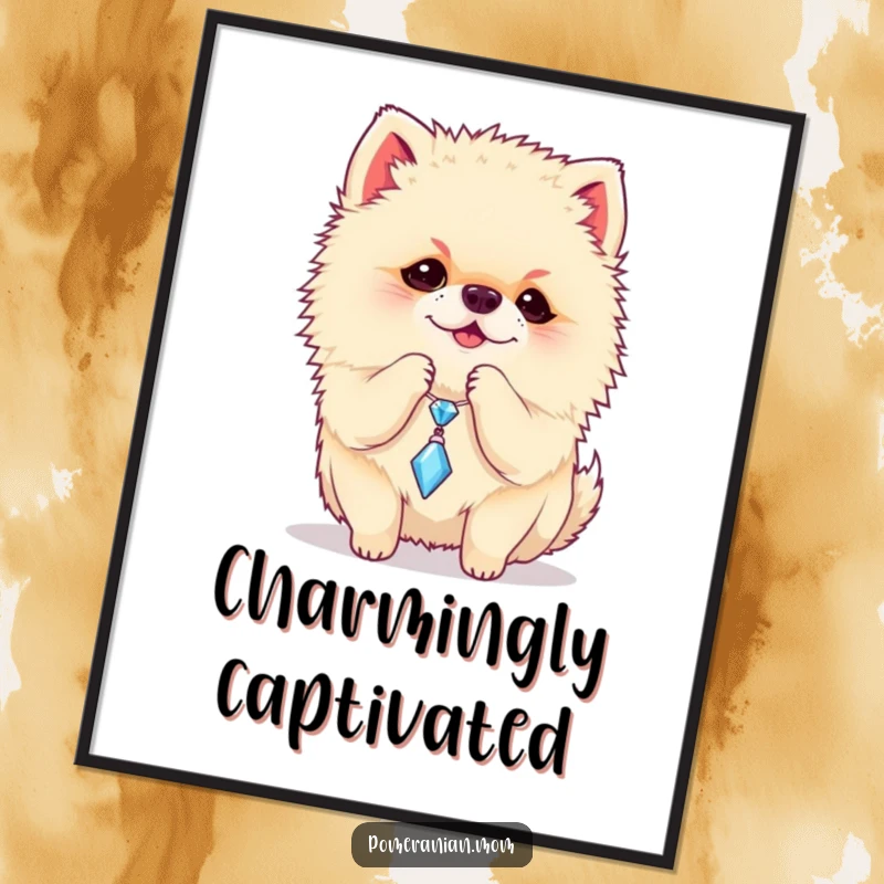 Funny Pomeranian digital art print of a playful dog batting at a sparkly charm, a cute and humorous illustration.