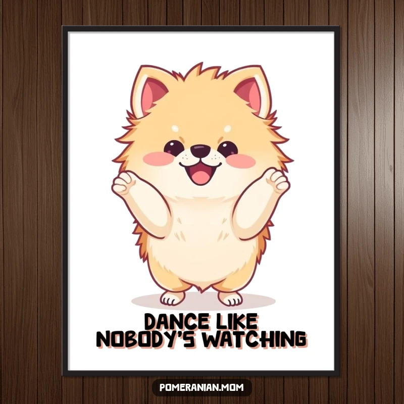 Funny kawaii Pomeranian doing a delighted dance with its paws digital art print, offering instant joyful and playful decor.