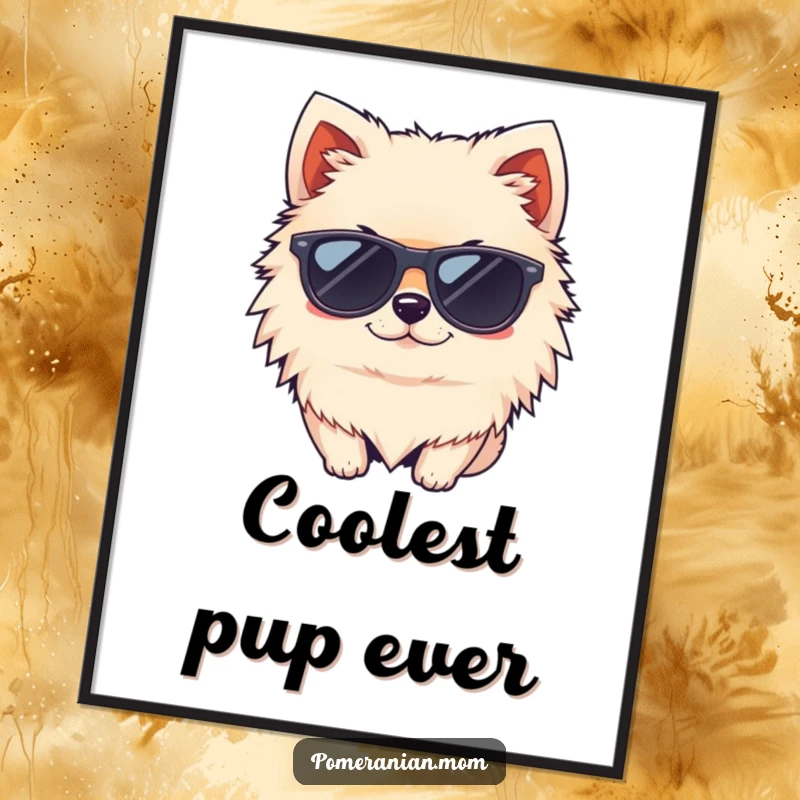Funny kawaii Pomeranian wearing tiny sunglasses and winking digital art print, offering instant cool and stylish decor.