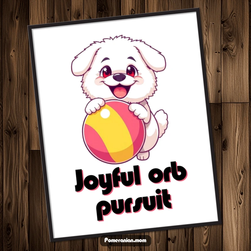 Funny digital art print of a fluffy white dog with exaggerated happy eyes, energetically bouncing a large, colorful ball, full of pure joy.