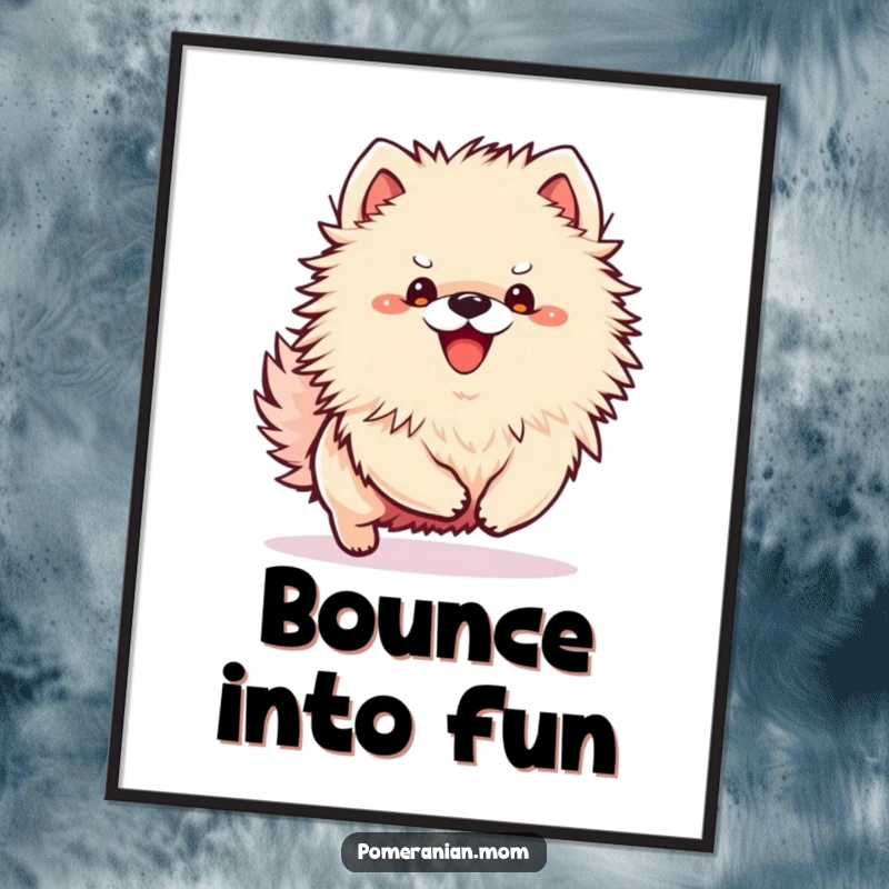 Funny Kawaii Pomeranian digital art print capturing a small dog in an excited bounce, ready for playtime.