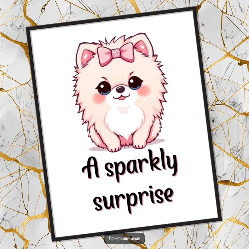 Funny Kawaii Pomeranian digital art print capturing a small dog offering a tiny, sparkly bow with a sweet expression.