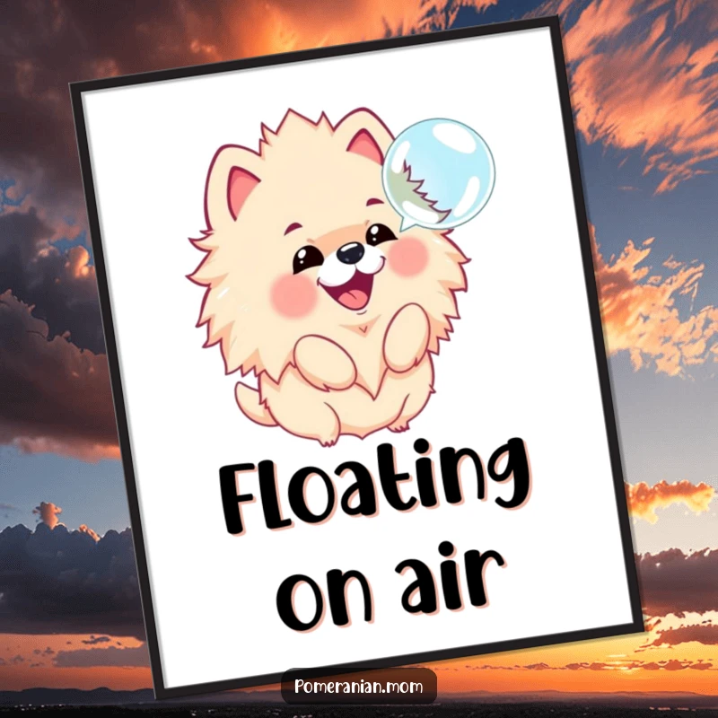 Funny digital art print of a kawaii Pomeranian with a fluffy mane, joyfully barking at a floating bubble, ready for download.