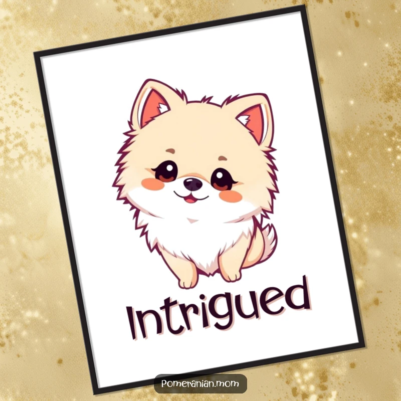 Funny kawaii Pomeranian digital art print, depicting a fluffy dog tilting its head with adorable curiosity. Instant whimsical decor.