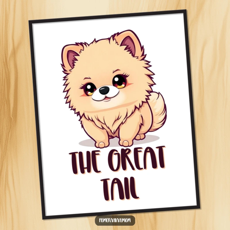 Funny Kawaii Pomeranian Digital Art: A cute dog with sparkling eyes intently watches its wagging tail, creating a humorous atmosphere.
