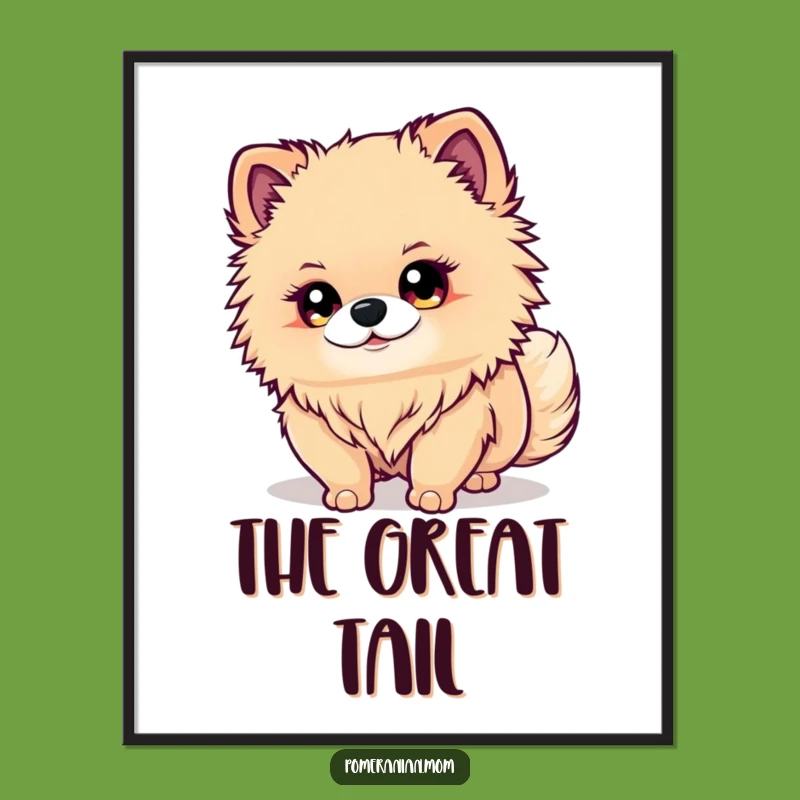 Funny Kawaii Pomeranian Digital Art: Cute Dog Watching Tail for Amusing Decor Gift