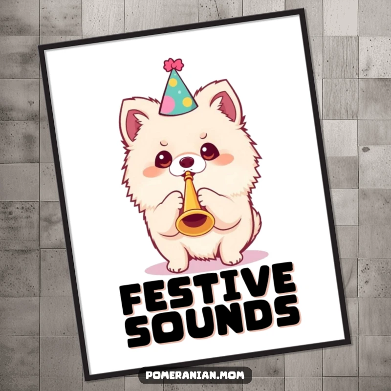 Funny Kawaii Pomeranian Digital Art: A cute dog in a party hat blows a tiny trumpet, creating a festive atmosphere.