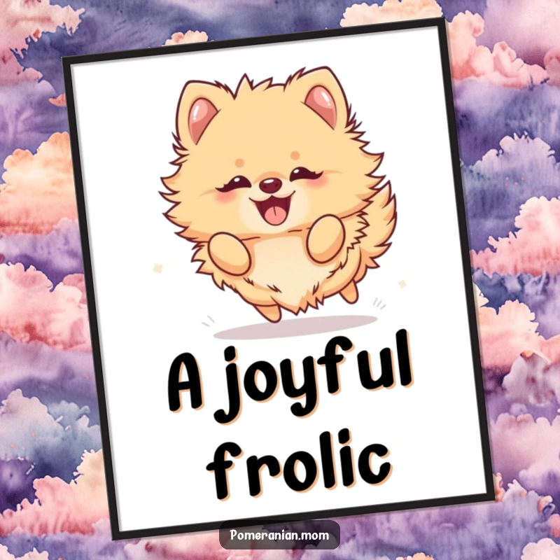 Funny Kawaii Pomeranian Digital Art Print: Fluffy dog frolicking with sheer joy, radiating happiness, perfect for download.