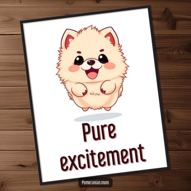 Funny kawaii Pomeranian digital art print, depicting a fluffy dog jumping with pure, unbridled excitement. Instant playful decor.