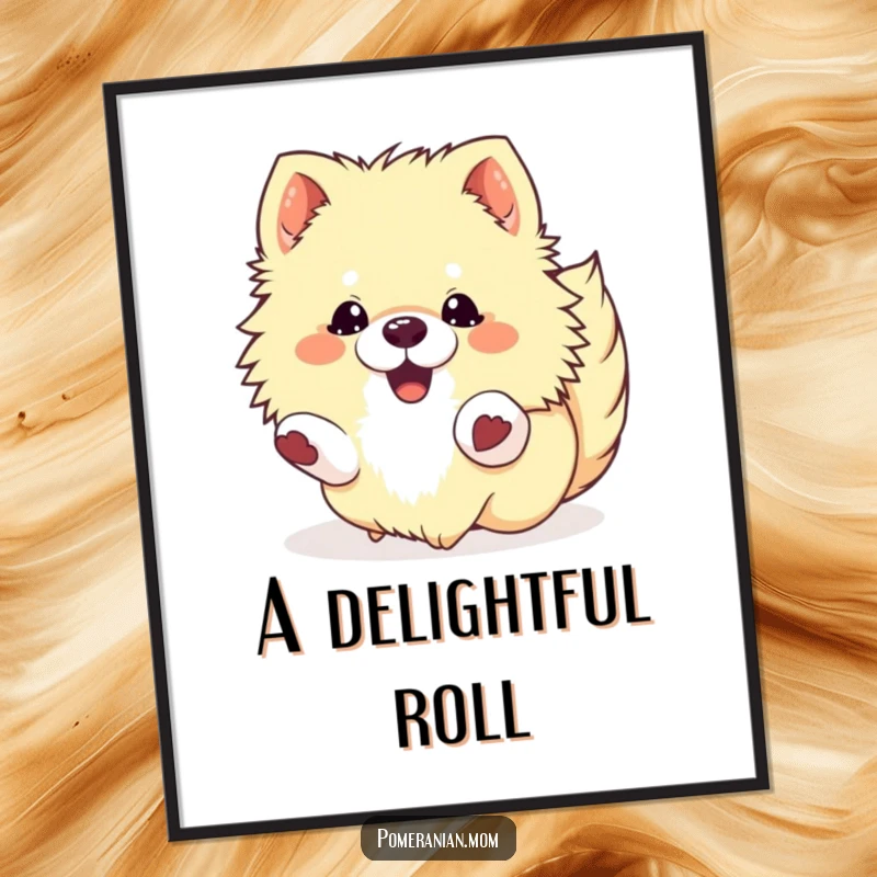 Funny Kawaii Pomeranian Digital Art Print: Fluffy dog rolling with pure delight, radiating happiness, perfect for download.