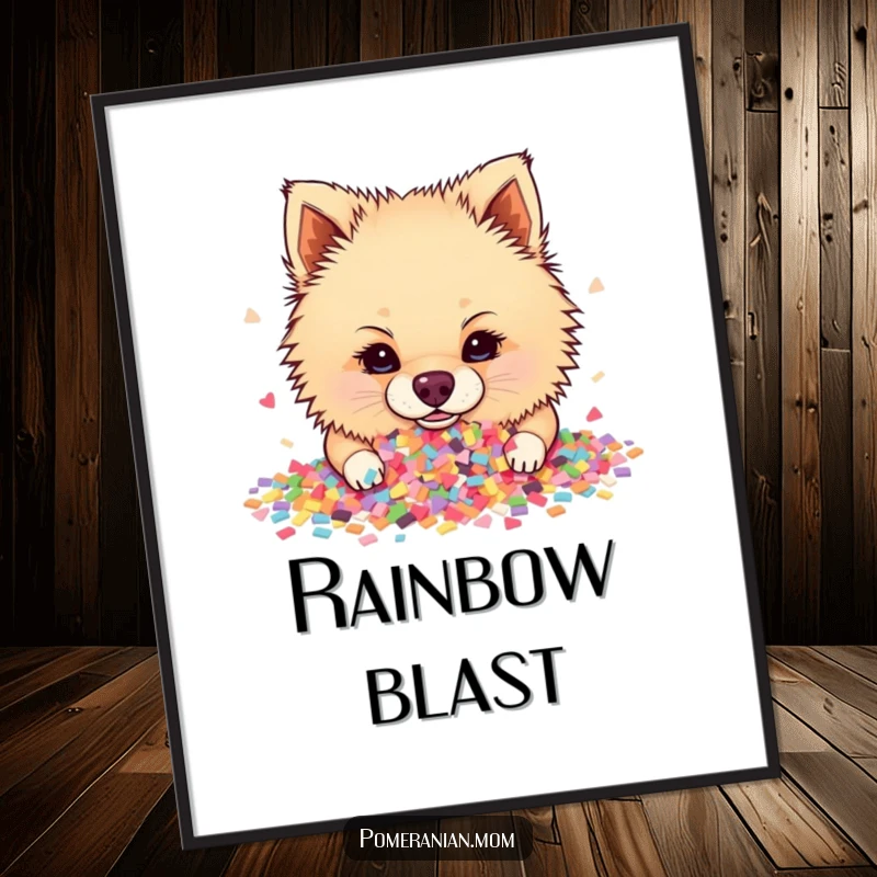 Funny Pomeranian digital art print of a dog ecstatic with its nose buried in a huge explosion of colorful confetti.