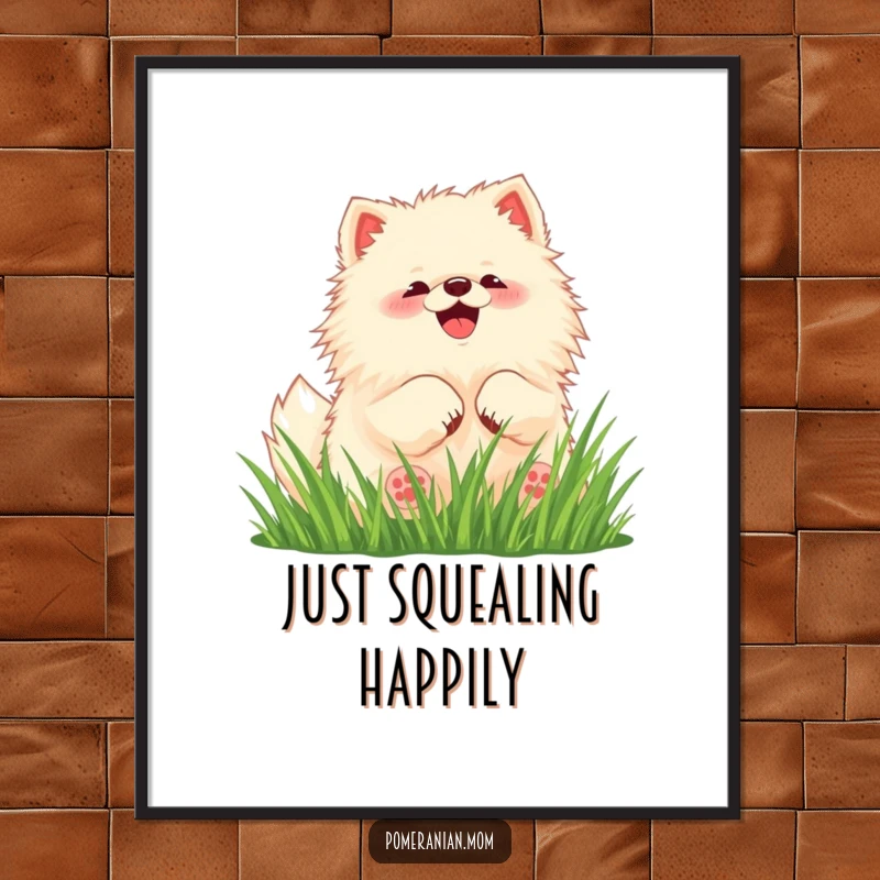 Funny Pomeranian digital art print of a kawaii dog joyfully rolling in soft green grass.