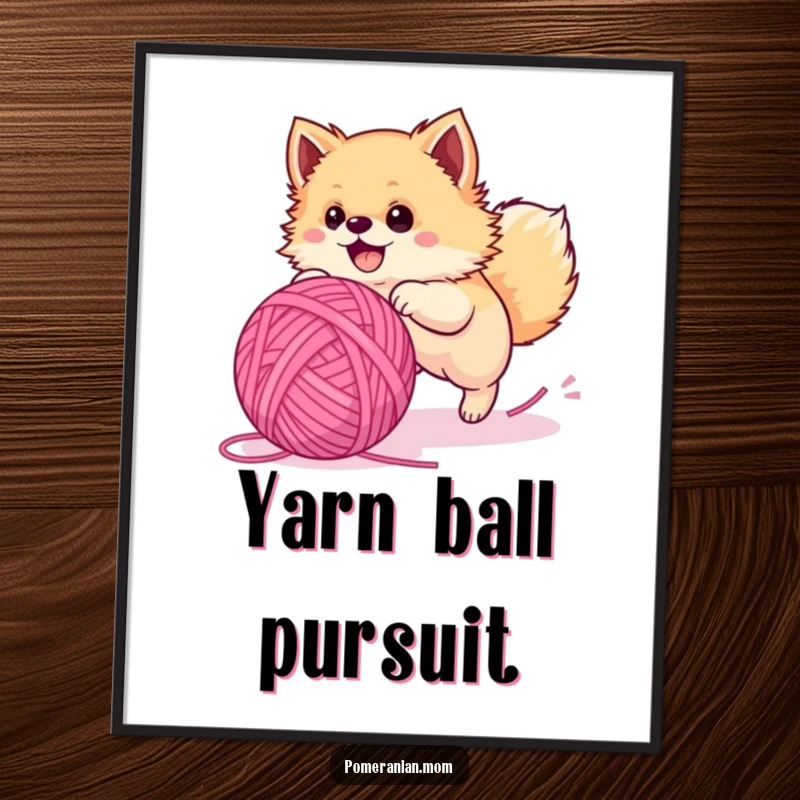Funny Pomeranian digital art print, a fluffy dog in energetic pursuit of a giant yarn ball, perfect for instant wall decor.