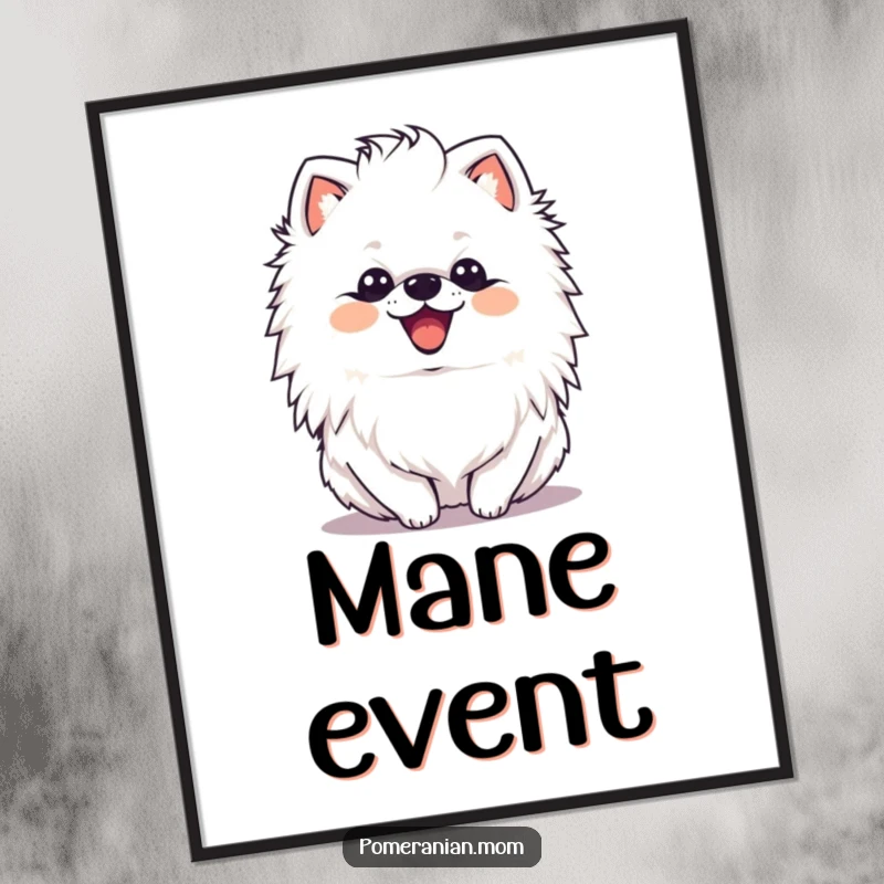 Funny kawaii Pomeranian with a delighted expression shaking its mane on this digital art print, radiating pure happiness and vibrant energy.