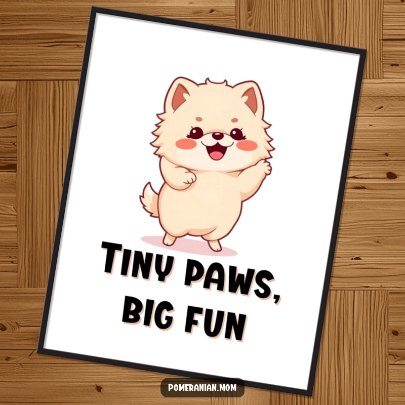Funny Kawaii Pomeranian performing an energetic happy dance with its tiny paws, ready to be printed as vibrant art.