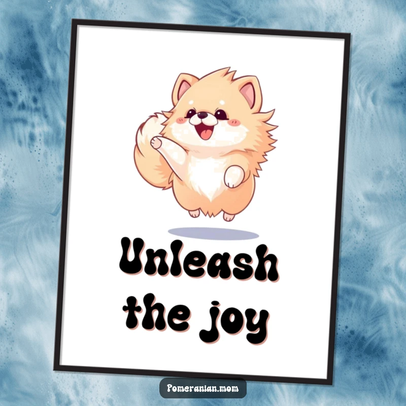 Funny Kawaii Pomeranian in a state of pure ecstatic jump, ready to be printed and displayed as joyful art.