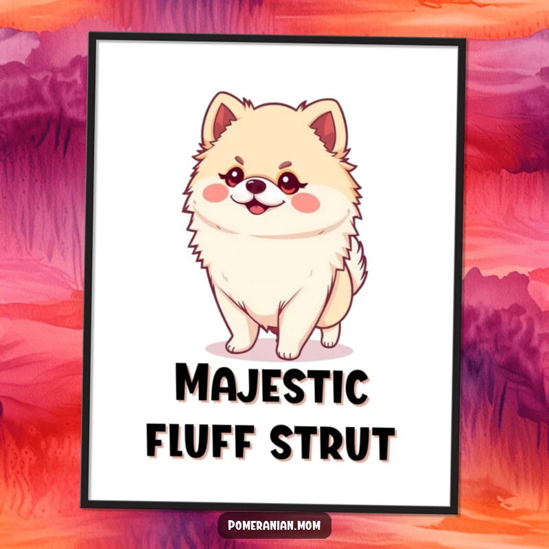 Funny Kawaii Pomeranian Digital Art: A small, cute dog confidently strutting with a huge personality, ready for printing.