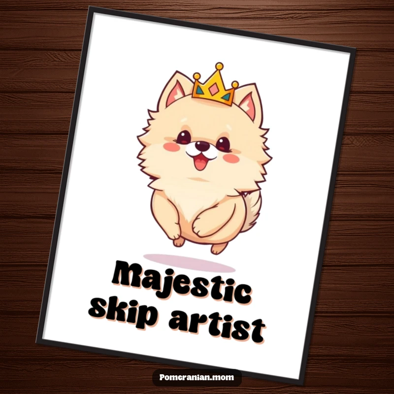 Funny Pomeranian digital art print of a crowned dog joyfully skipping, perfect for instant regal and humorous decoration.