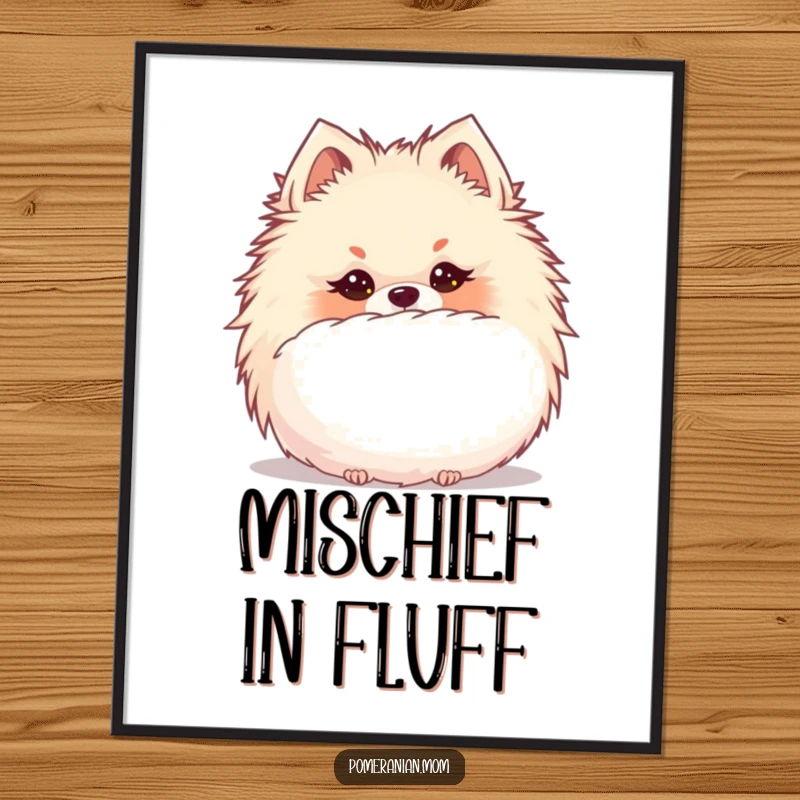 Funny Kawaii Pomeranian with a mischievous glint, hiding behind a giant puffball, ready to be printed as playful art.