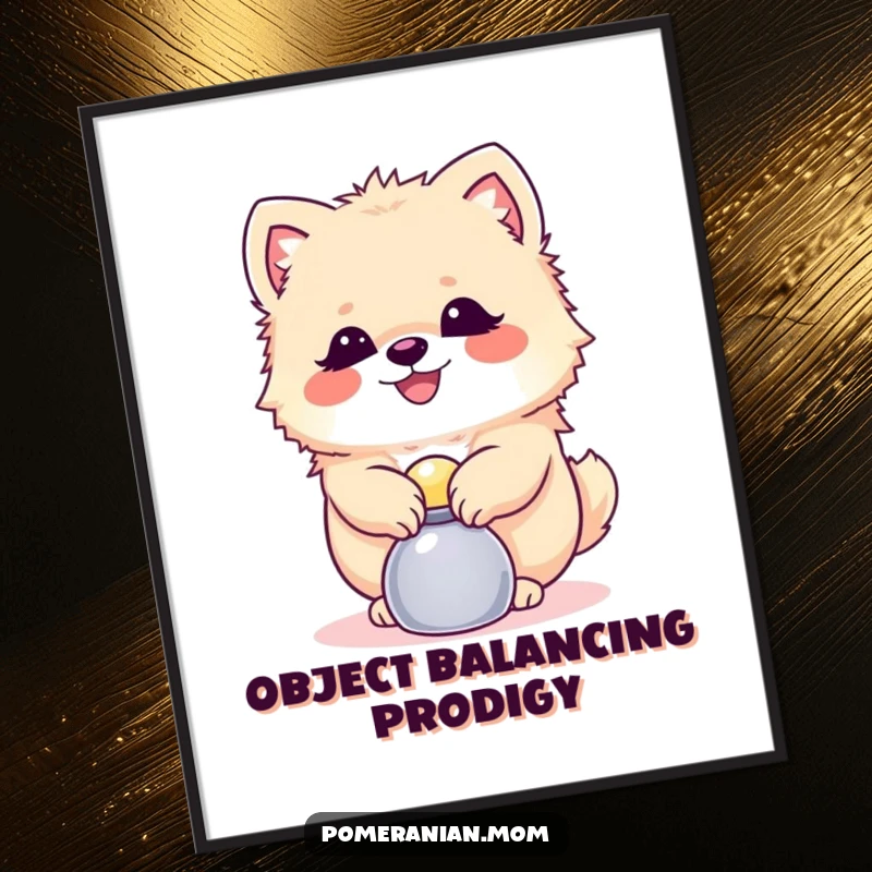 Funny Pomeranian digital art print of a dog skillfully balancing a shiny object, perfect for instant clever and humorous decoration.