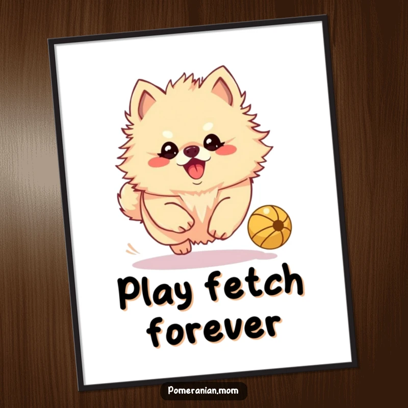 Funny Kawaii Pomeranian yapping playfully while chasing a bouncing ball, ready to be printed as exciting art.