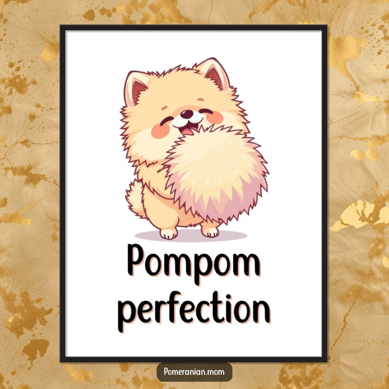 Funny Pomeranian digital art print of a joyful dog shaking a very large pom-pom, ideal for instant, playful wall decor.