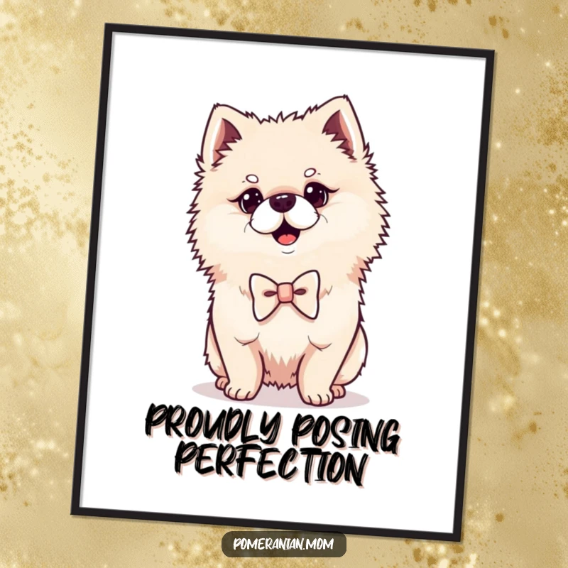 Funny Kawaii Pomeranian digital art print, a proud dog in a bowtie, downloadable elegant art.