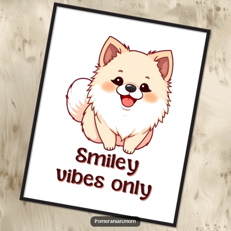 Funny Pomeranian digital art print of an ecstatic dog with a wagging tail, a cute and humorous illustration for decor.