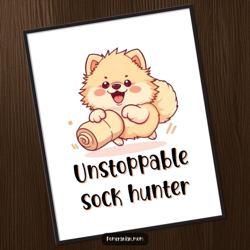 Funny digital art print of a kawaii Pomeranian enthusiastically chasing a rolled-up sock with its whole body, ready for download.