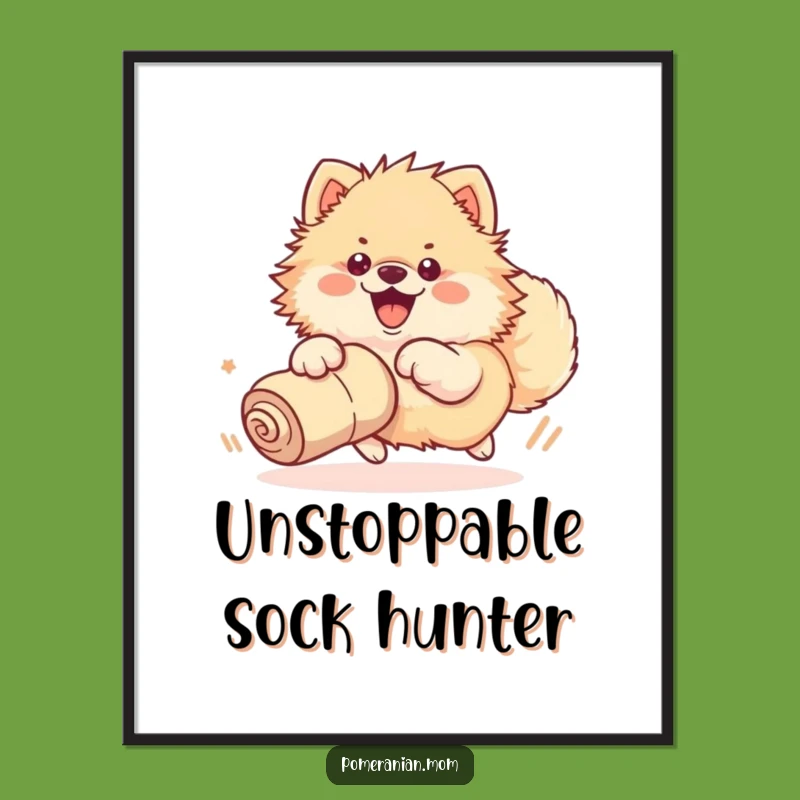 Funny Kawaii Pomeranian Sock Chase Digital Art: Instant Hilarious Dog Download