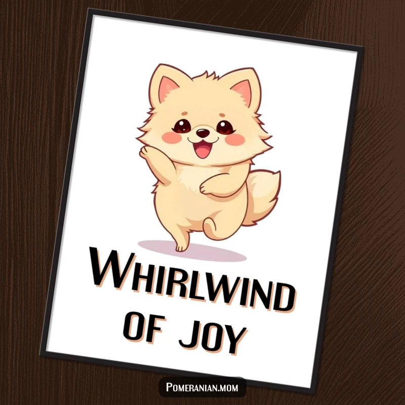 Funny Pomeranian Digital Art Print of a cute Pomeranian character performing a joyous, spinning twirl.