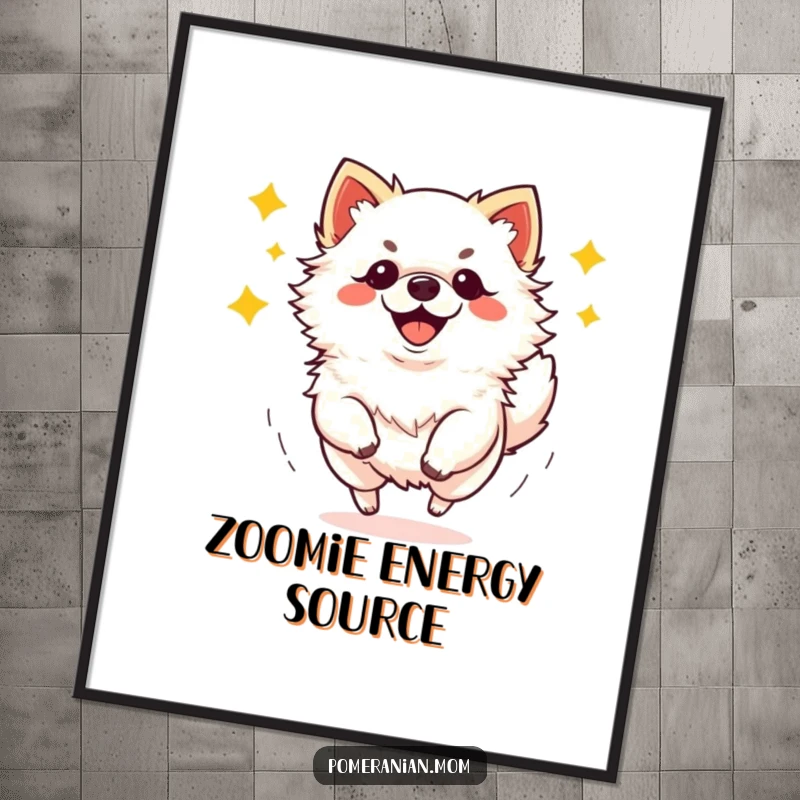 Funny kawaii Pomeranian doing energetic zoomies digital art print, offering instant playful decor for dog enthusiasts.