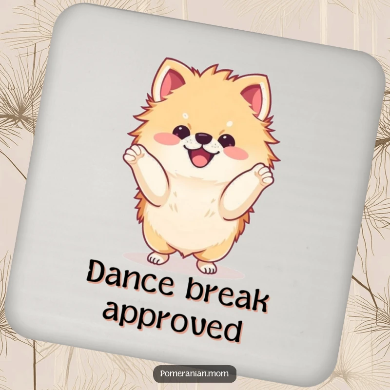 Funny kawaii Pomeranian doing a delighted dance with its paws drink coaster, a cute and functional accessory.