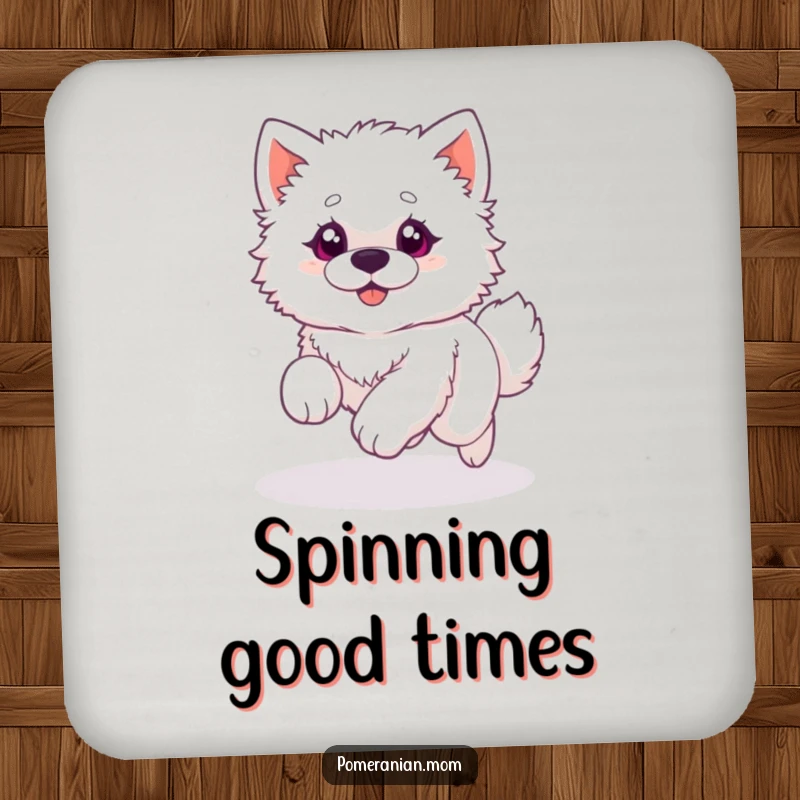 Funny drink coasters featuring a fluffy white dog with bright, wide eyes, hilariously chasing its own tail in a playful circular motion.