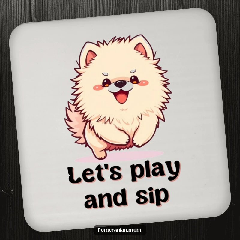 Funny Kawaii Pomeranian drink coaster with a small dog in an excited bounce, adding playful protection.
