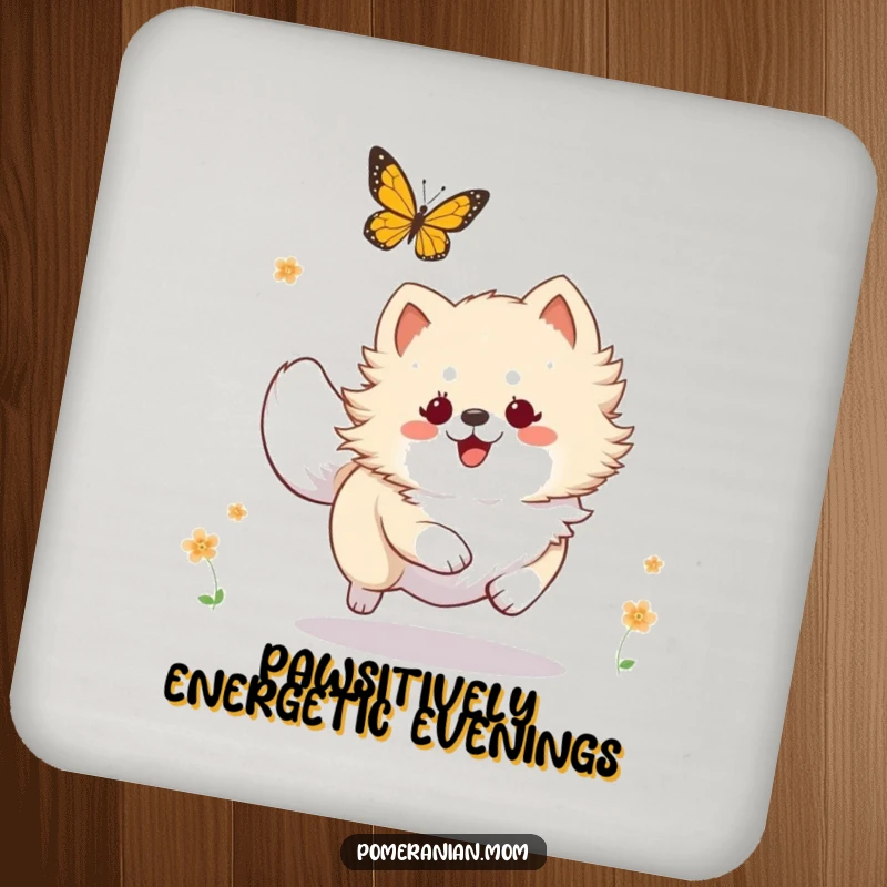 Funny Kawaii Pomeranian drink coaster, a cute dog playfully chasing a butterfly, perfect for tabletops.